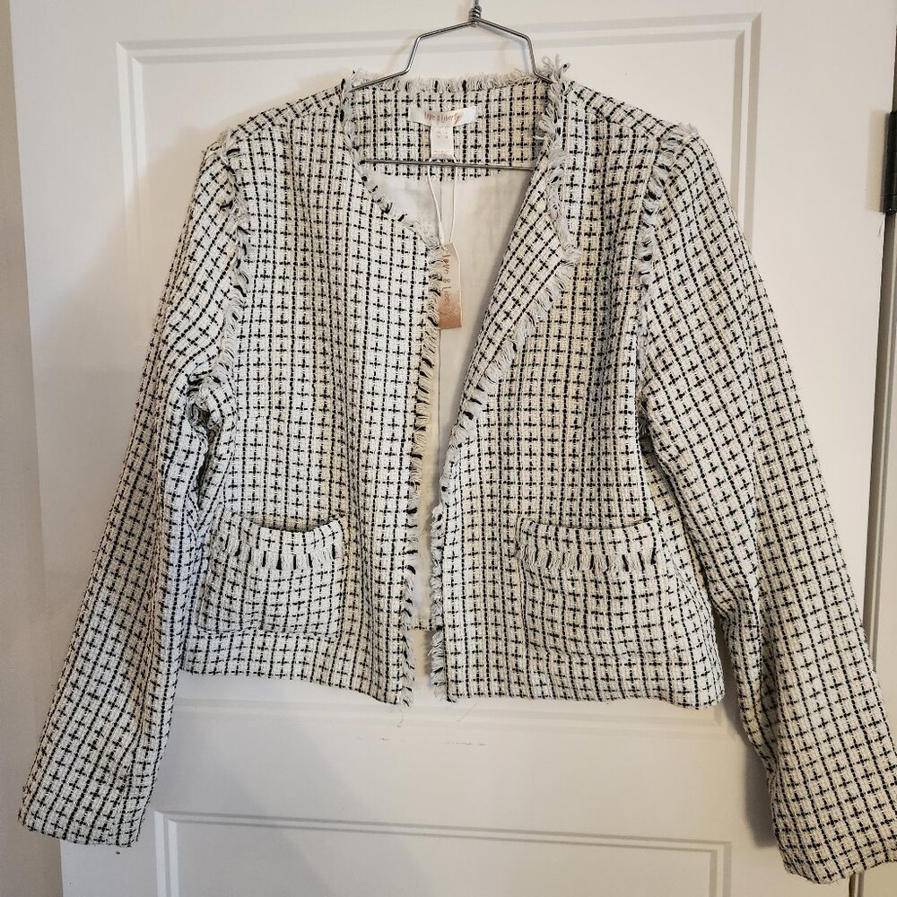 Love & Liberty Black White Tweed Fringe Blazer Jacket Women’s Size Large NWT